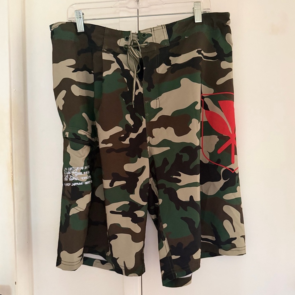Men's Camo Board Shorts with Red Leaf Accent